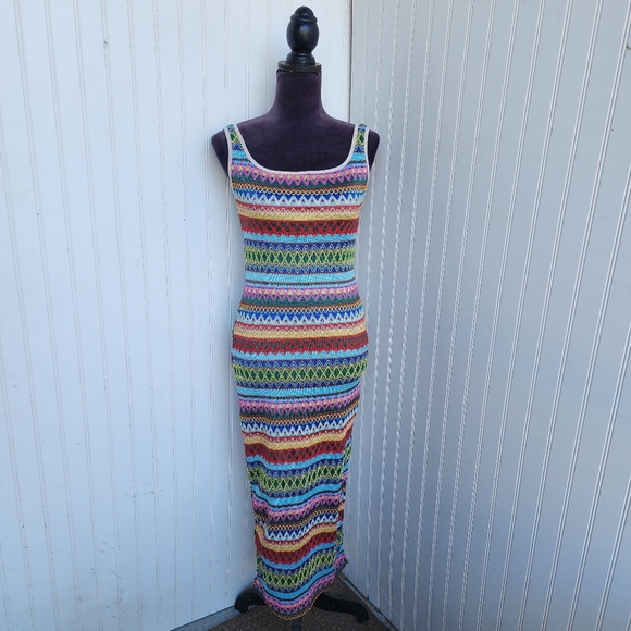 Gorgeous Striped Knit Zig Zag Women Multi Color Casual Dress Midi Slit Stretch S - Picture 1 of 14